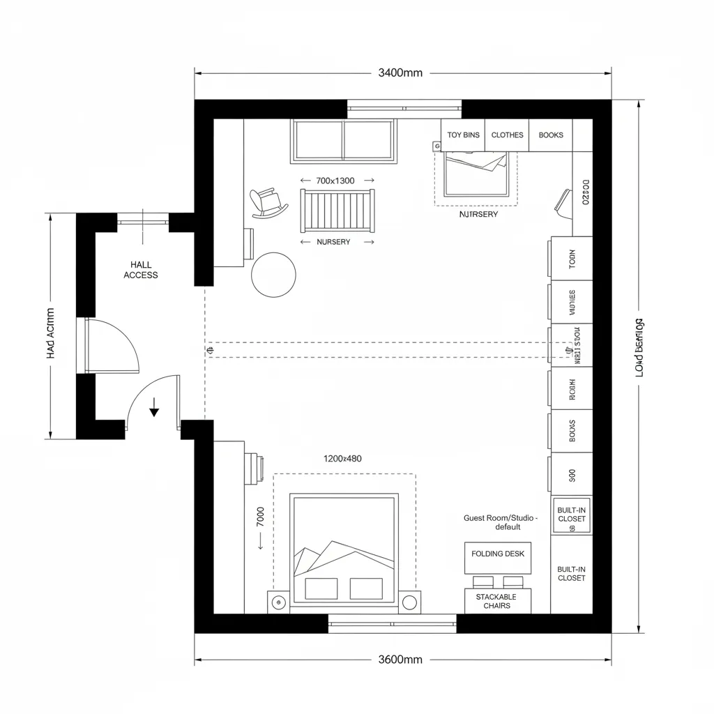 Top-down CAD plan of a flexible chamber with murphy bed and fold desk