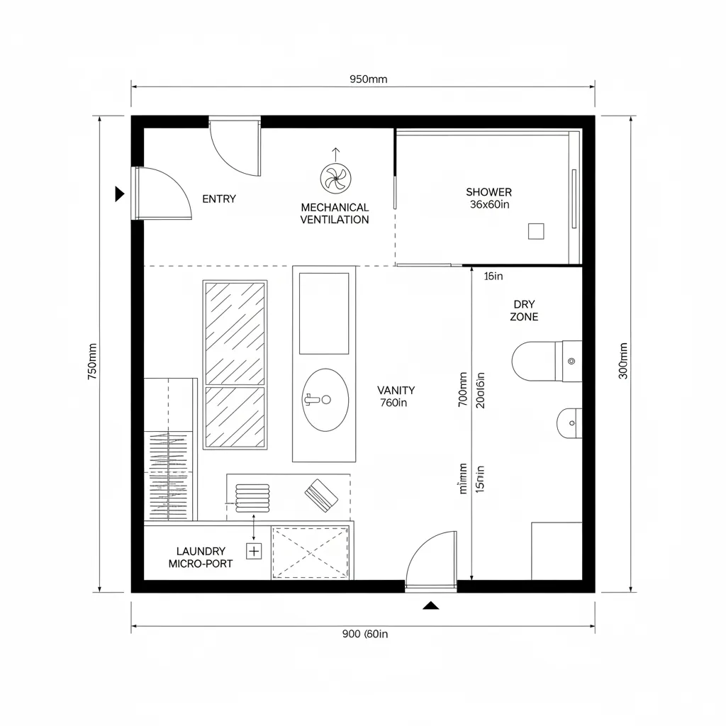 Top-down CAD plan of a bathroom suite with wet and dry zones and laundry micro-port