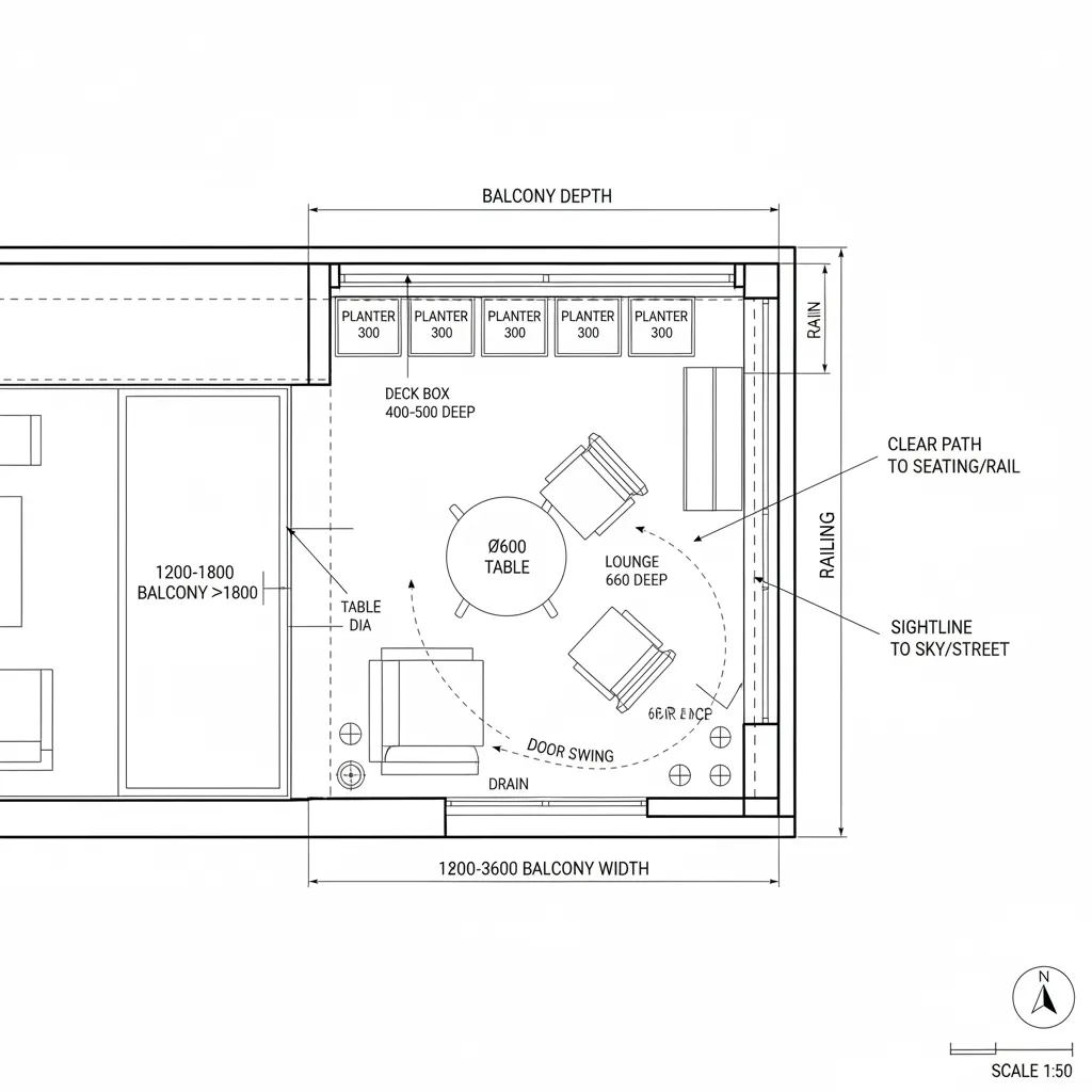 Top-down CAD plan of balcony edge node with bistro set and planter grid