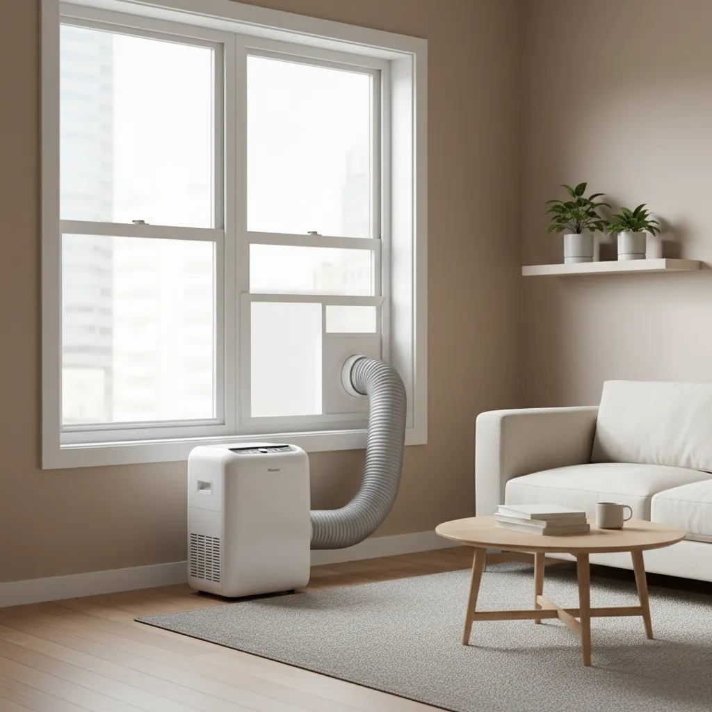 Portable air conditioner with exhaust hose connected to window kit