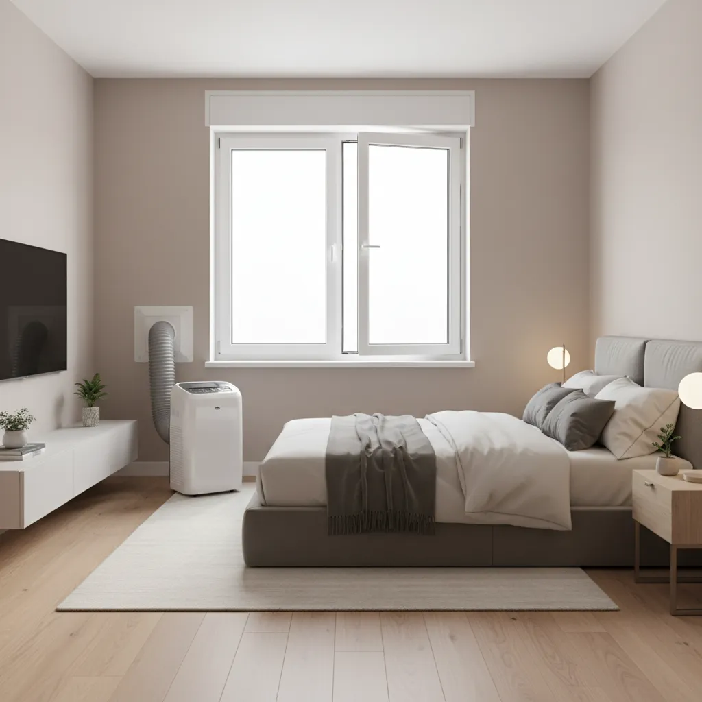 portable air conditioner with exhaust hose installed in apartment window