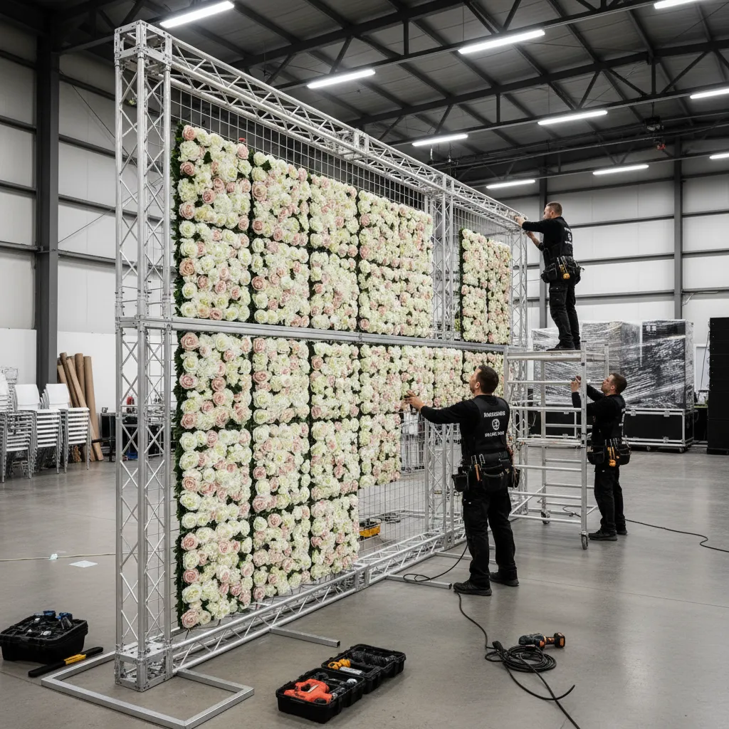 Modular artificial flower wall panels installed on metal frame structure