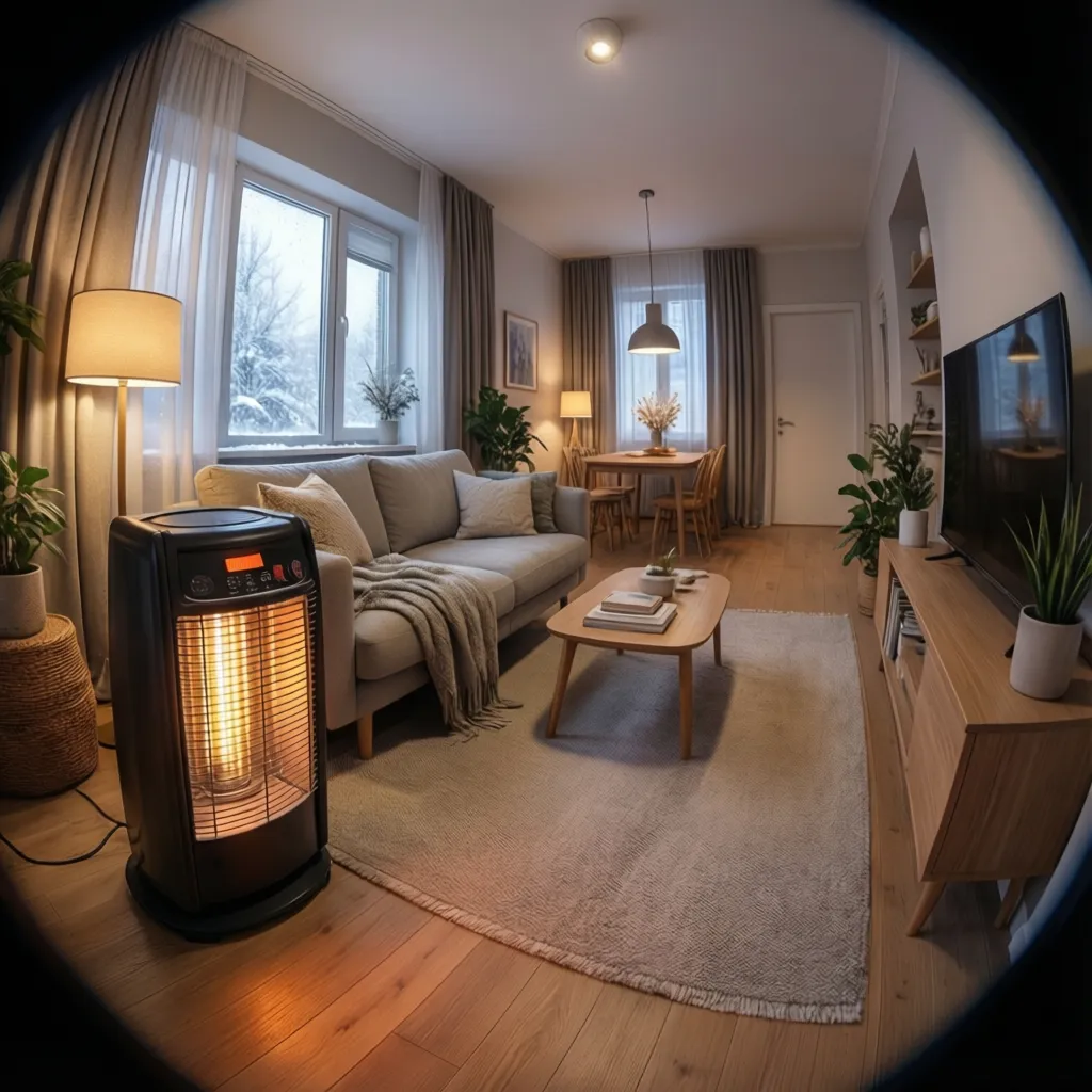 Portable ceramic heater warming a small apartment living area