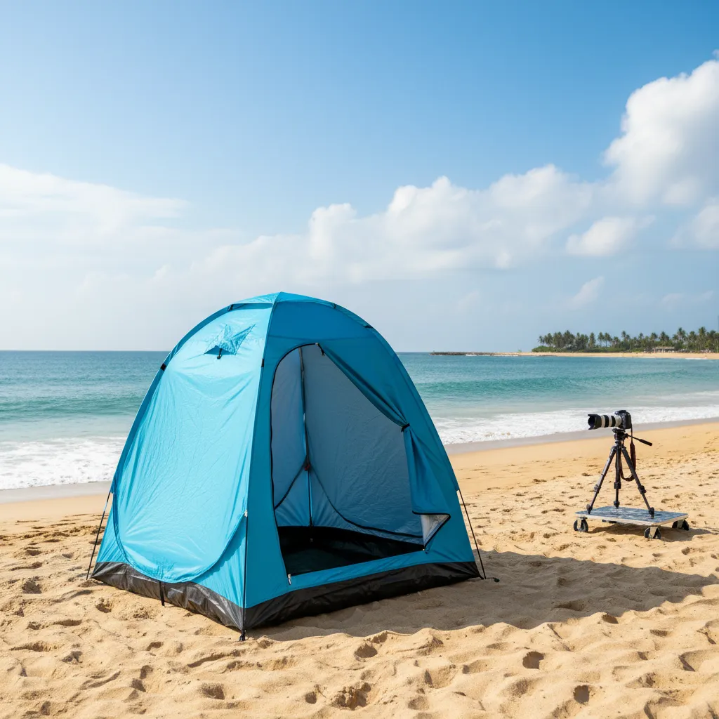 Portable pop up changing tent set up on beach sand