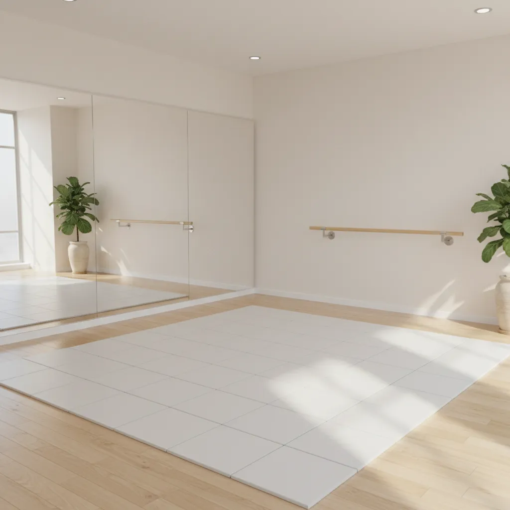 Portable dance floor panels in a small home dance practice room