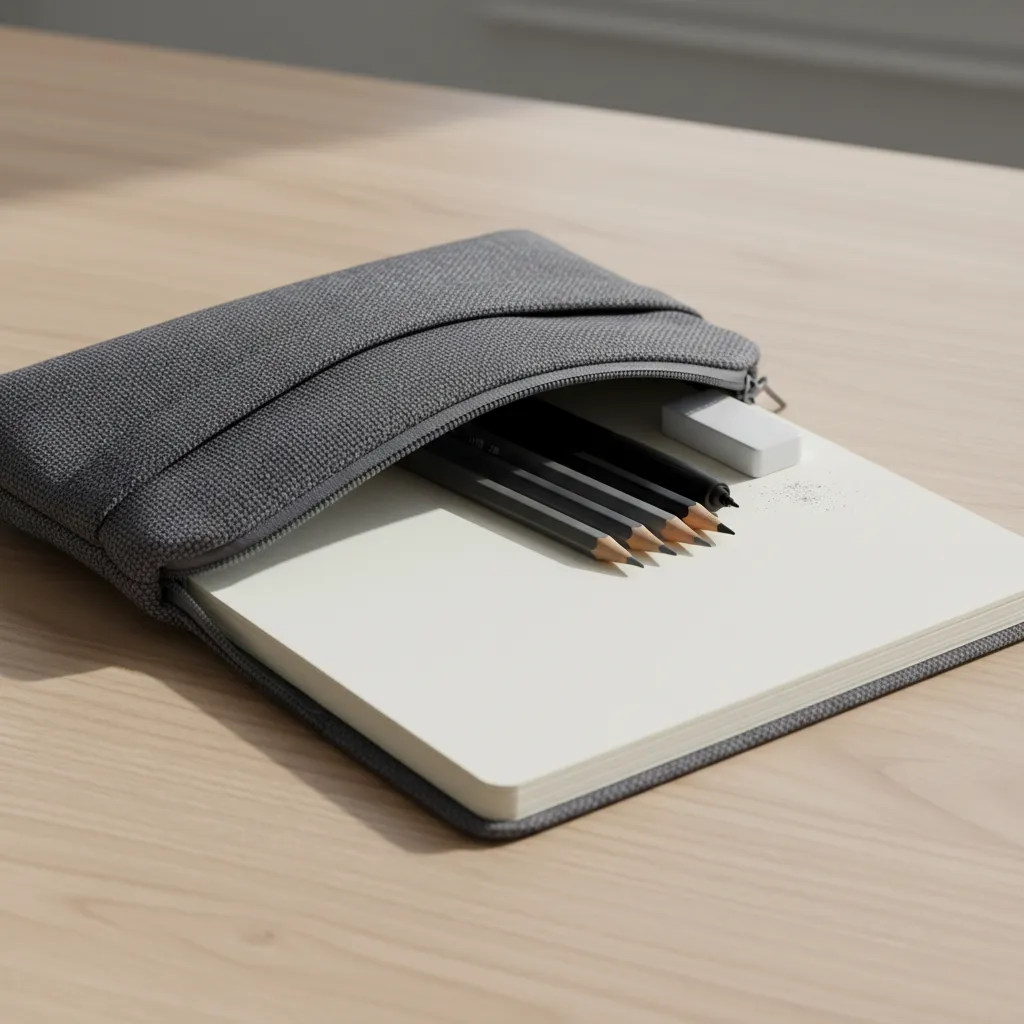 Portable drawing pouch with sketchbook and compact art tools