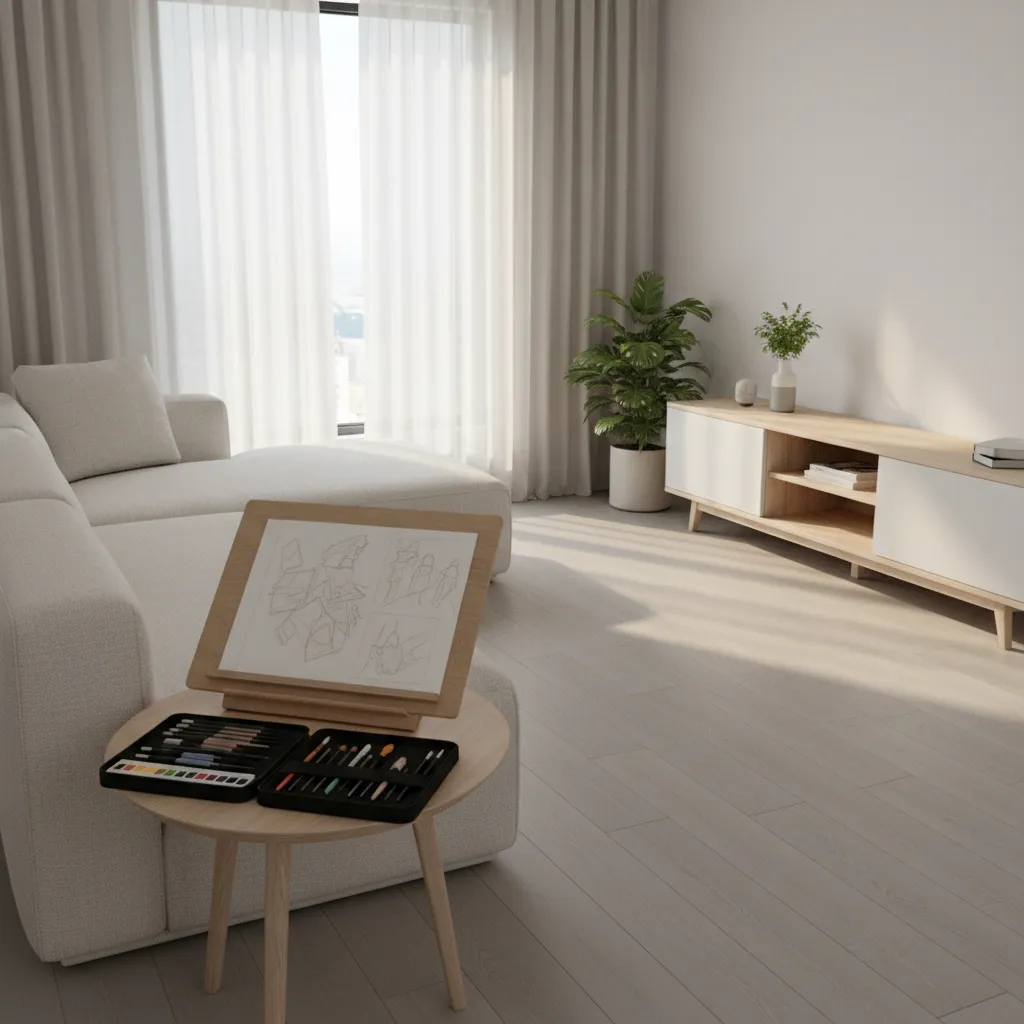 Portable drawing board setup used in a small apartment living room