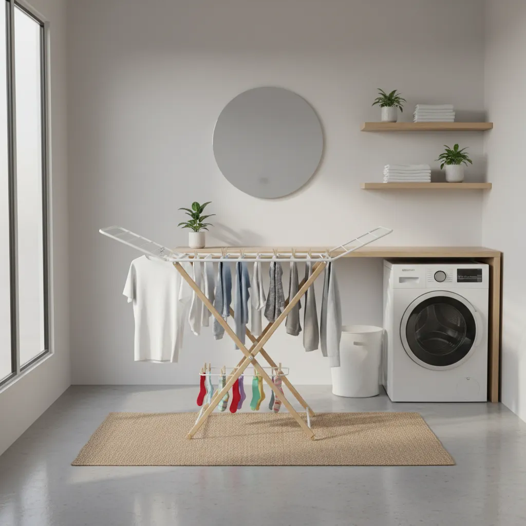 Portable folding drying rack used inside a small apartment laundry area