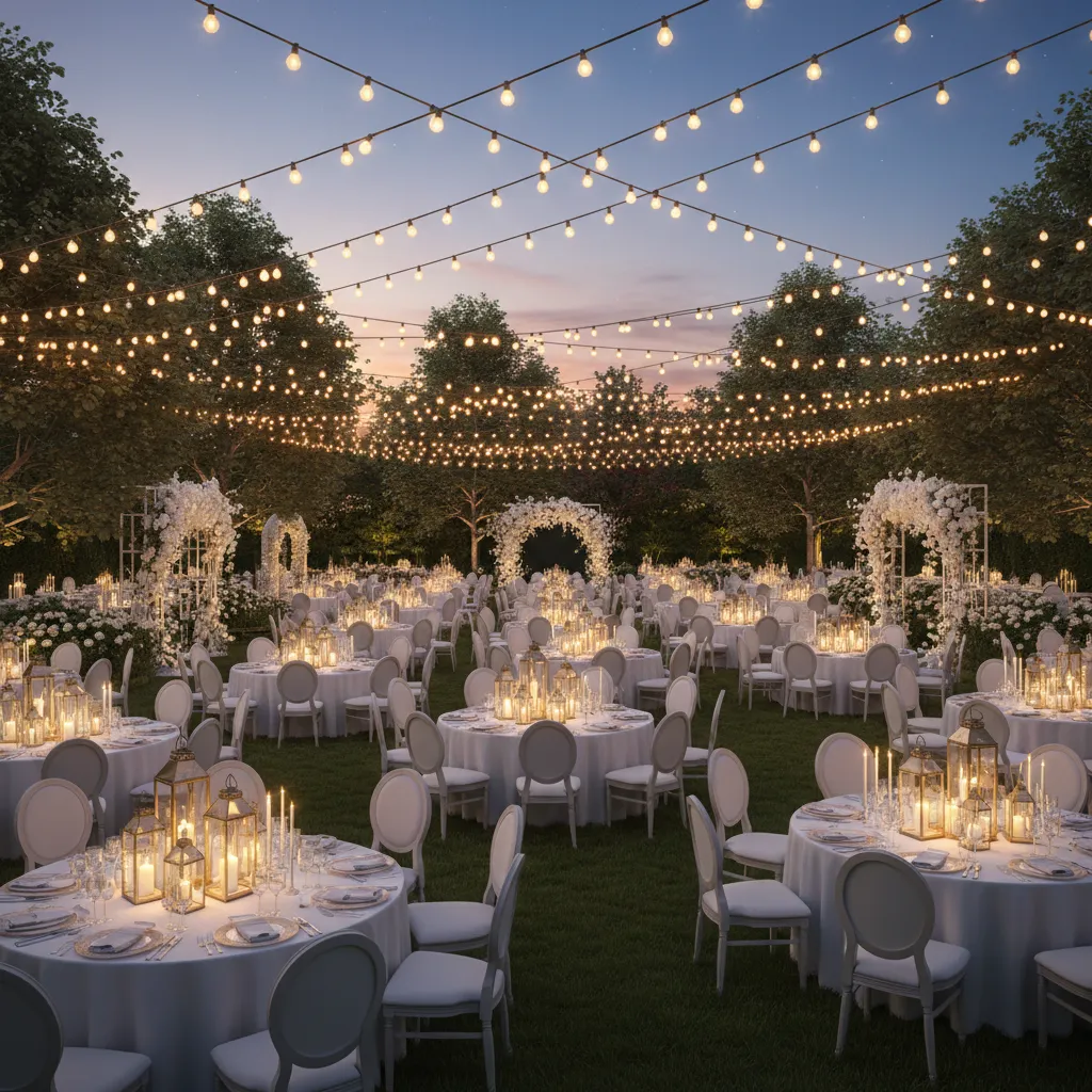 Outdoor event lighting layout with hanging lights and illuminated dining tables