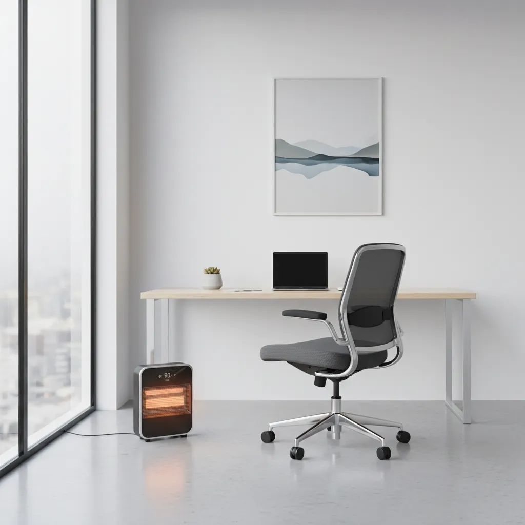 Minimalist home office with wooden desk, black laptop, grey chair, and portable electric floor heater