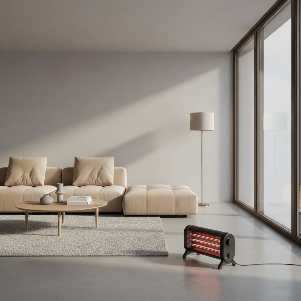portable electric heater placed safely in a living room with clear surrounding space