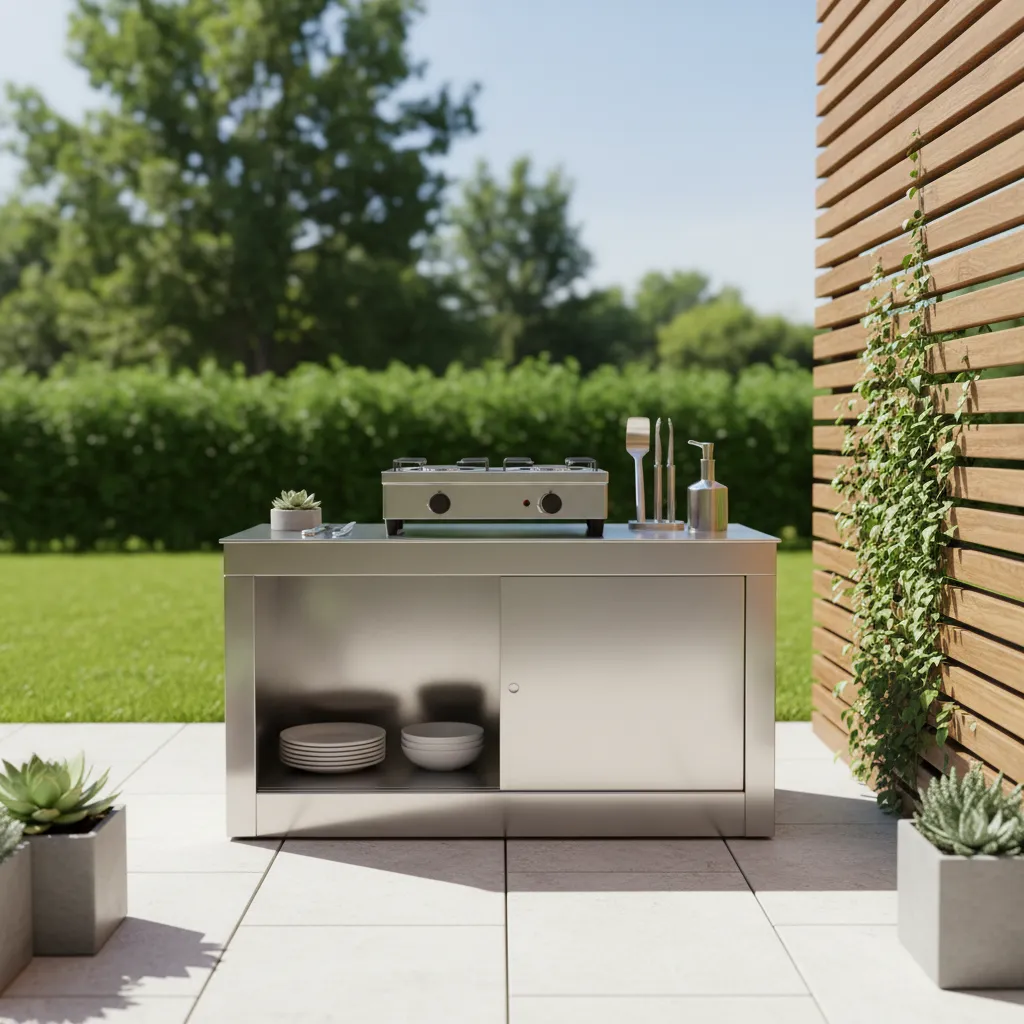 Portable outdoor cooktop placed on a small patio kitchen counter