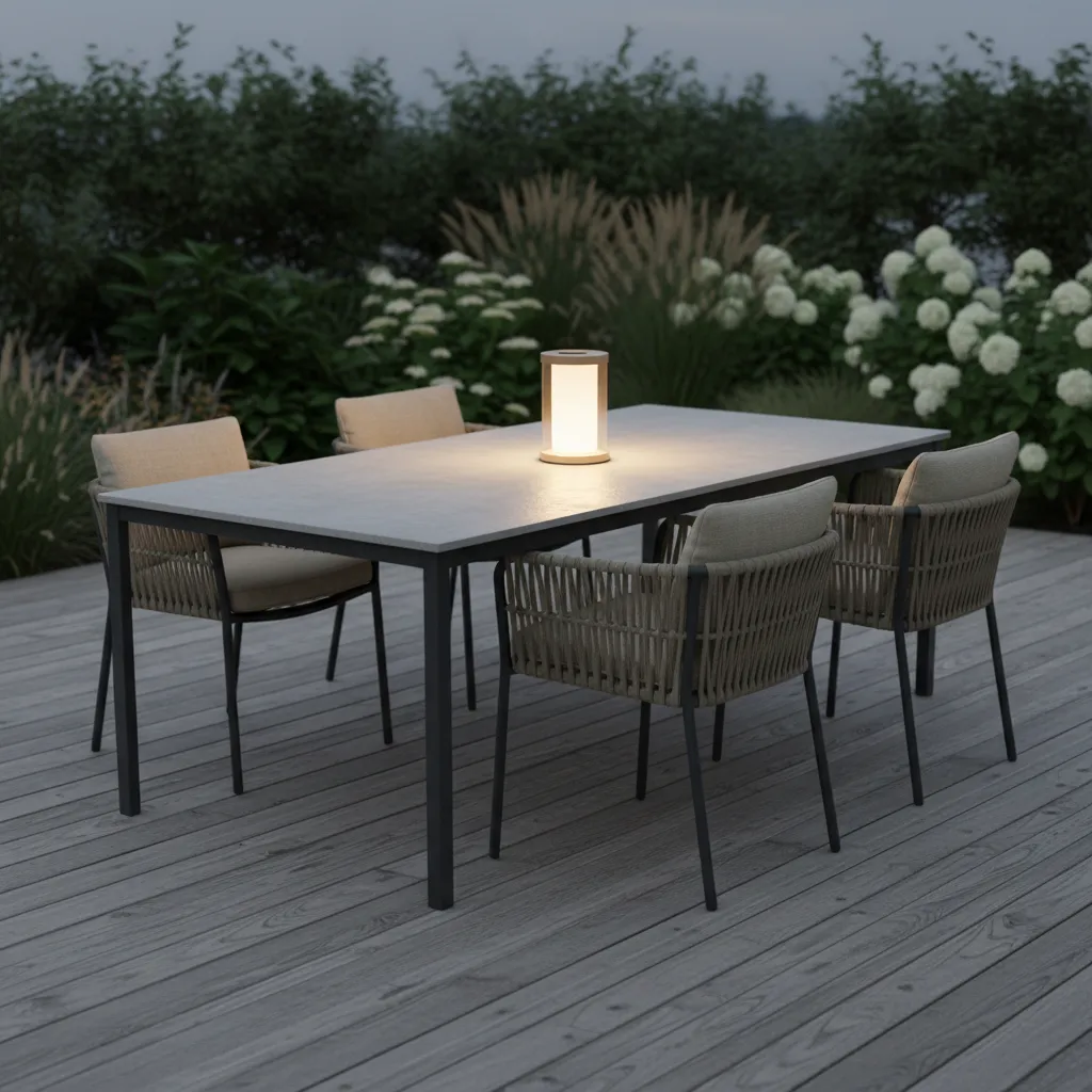 Rechargeable LED lantern providing light on an outdoor patio table at night