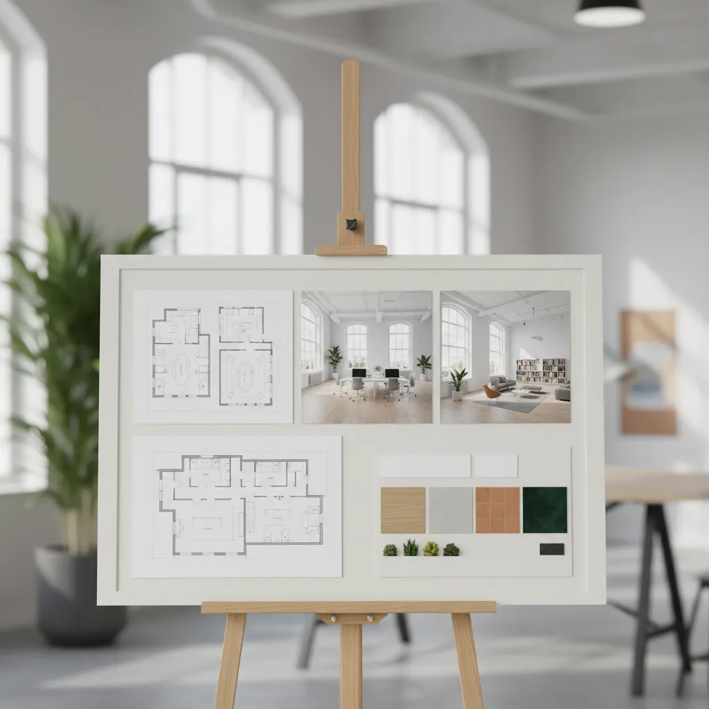 Interior design portfolio board on wooden easel showing floor plans interior photos and material samples