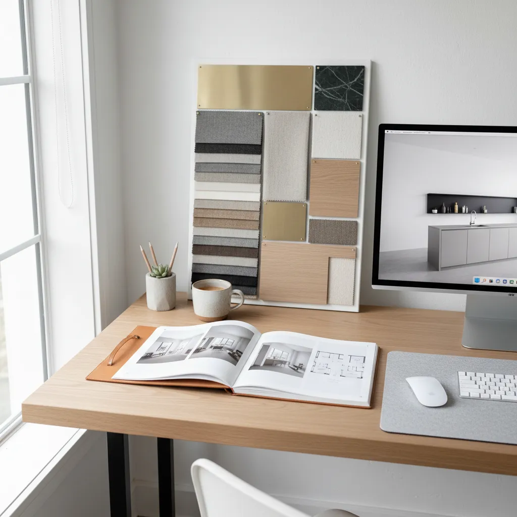 Portafolio de diseño interior con renders y planos sobre una mesa