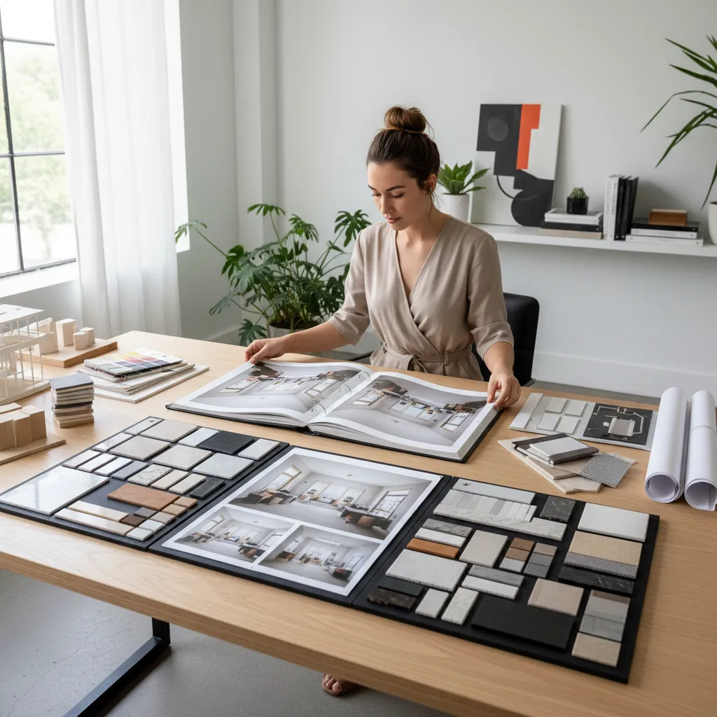 Diseñador preparando un portafolio de proyectos de interiores