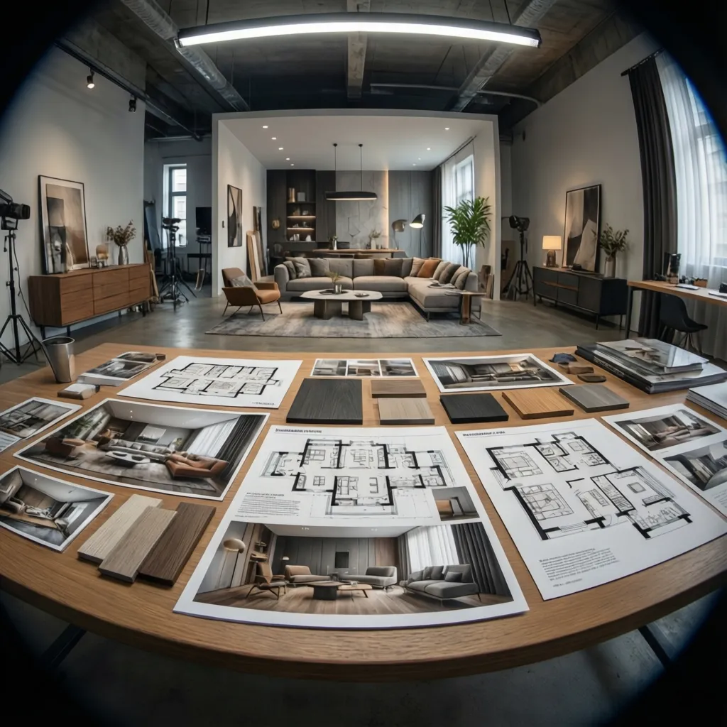 Portafolio de proyectos de diseño de interiores presentado en mesa