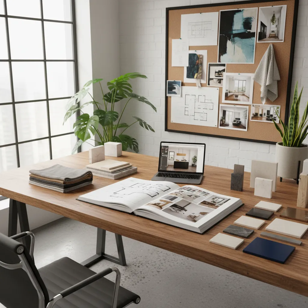 Wooden desk with laptop, open design book, floor plans, material samples, and a wall corkboard