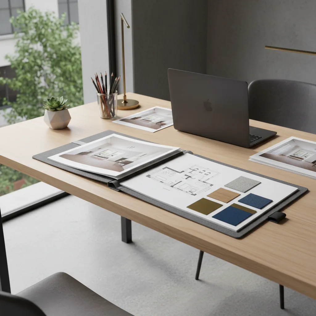 Portafolio de diseño de interiores con renders y planos impresos