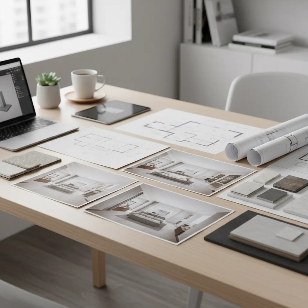 Interior design drawings room layouts and material samples on a desk with a silver laptop