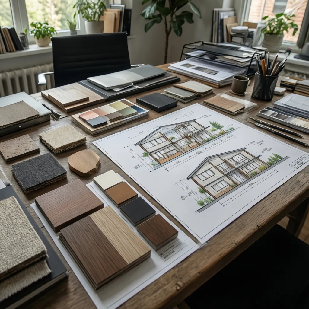 mesa con portafolio de proyectos de diseño de interiores y muestras de materiales