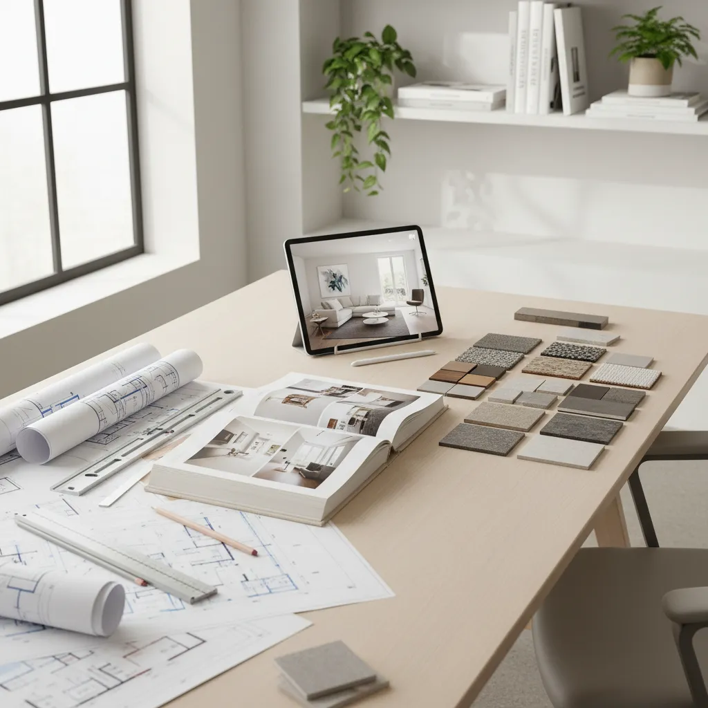 Mesa con portafolio de proyectos de diseño de interiores