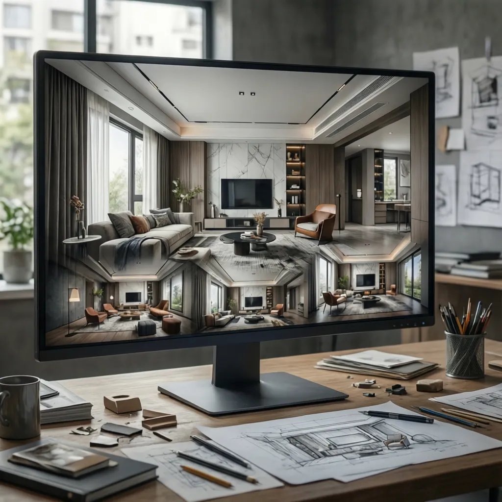 Portafolio digital de proyectos de diseño de interiores en pantalla