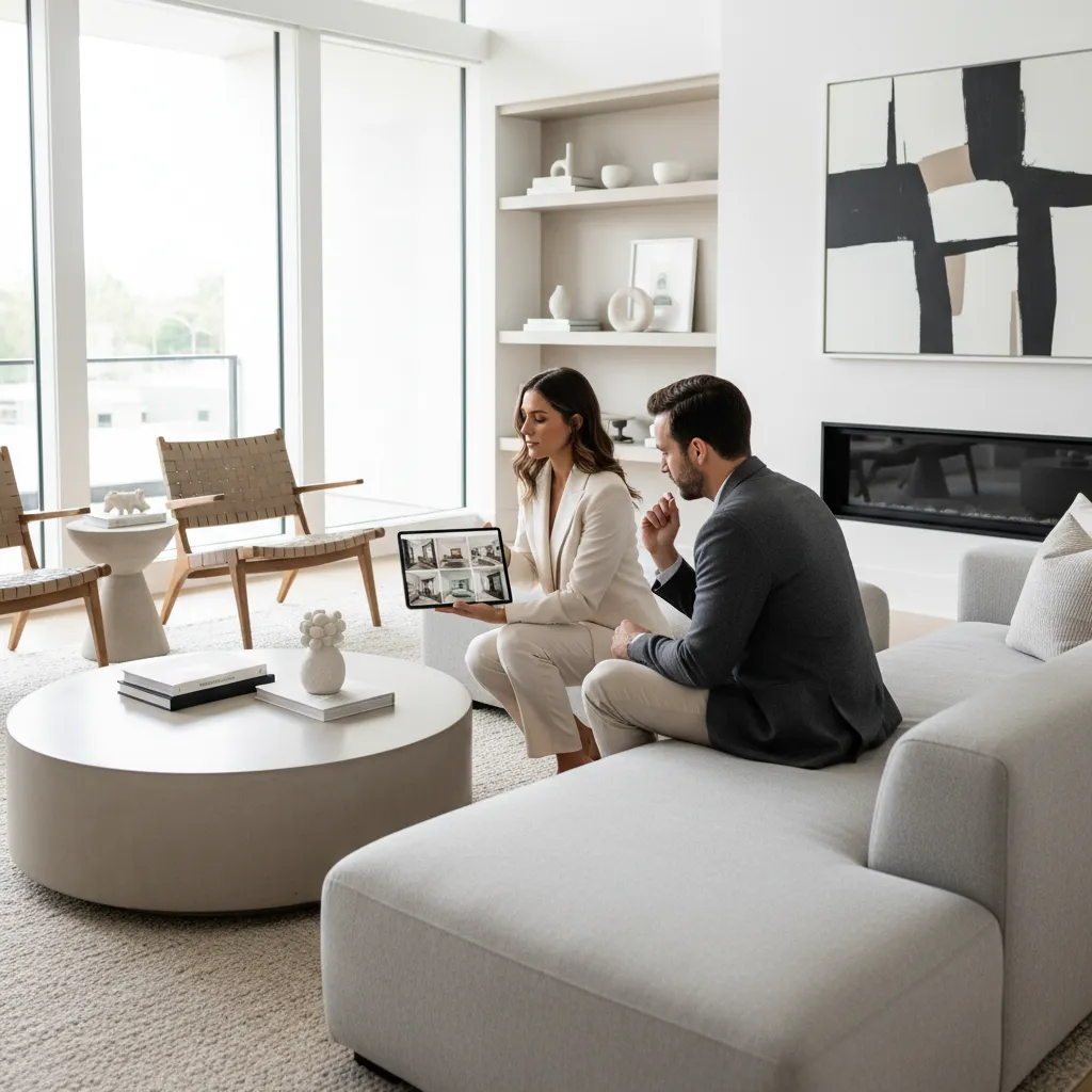 Woman showing man interior design portfolio on tablet in modern living room with grey sofa