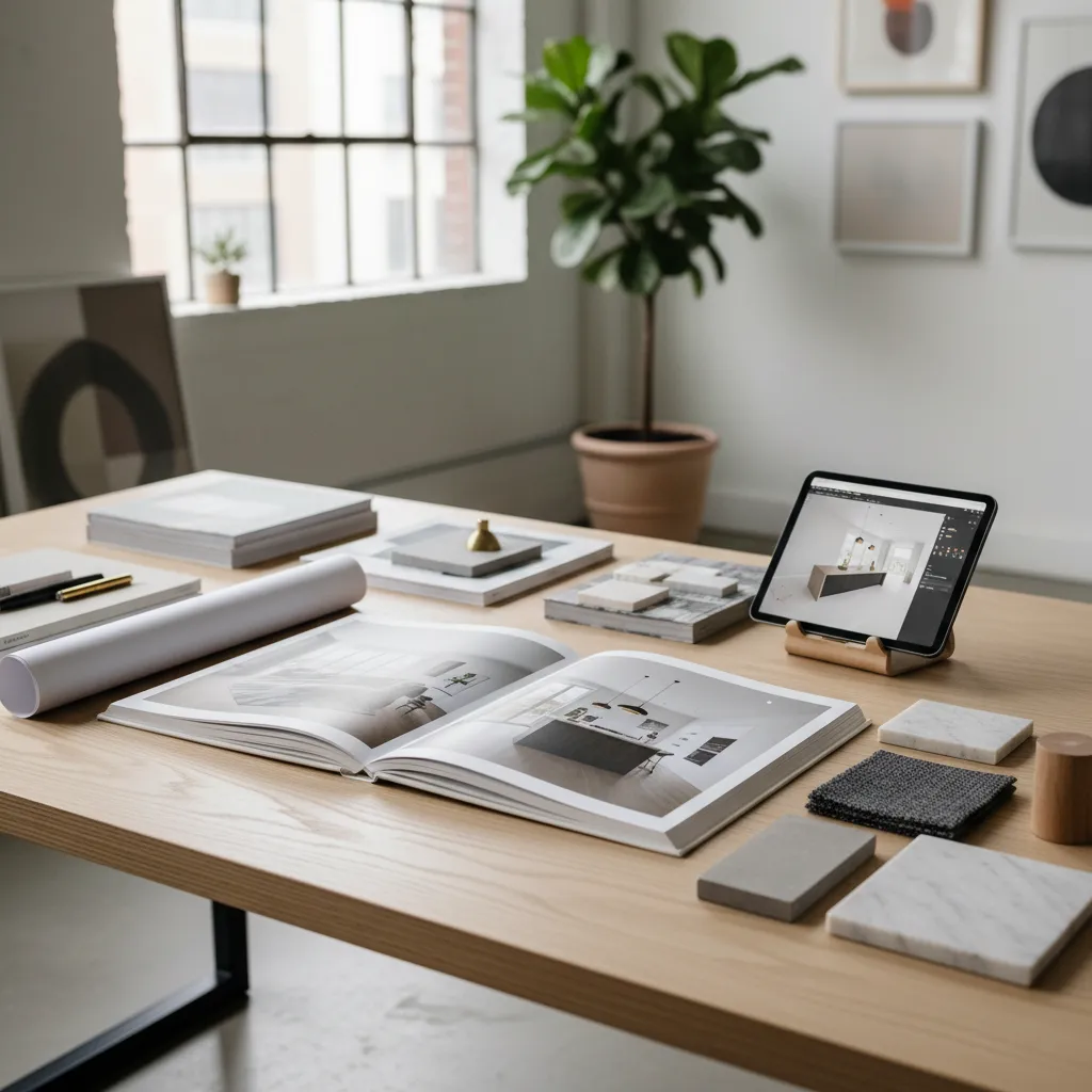 Interior design book and tablet showing kitchen layout on wooden table with various material samples
