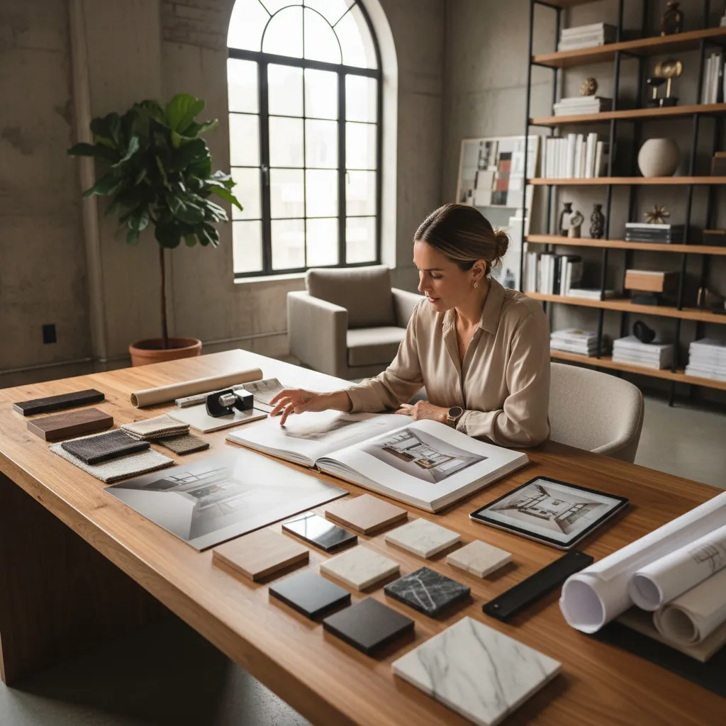 Diseñador revisando portafolio con renders y planos de interiores