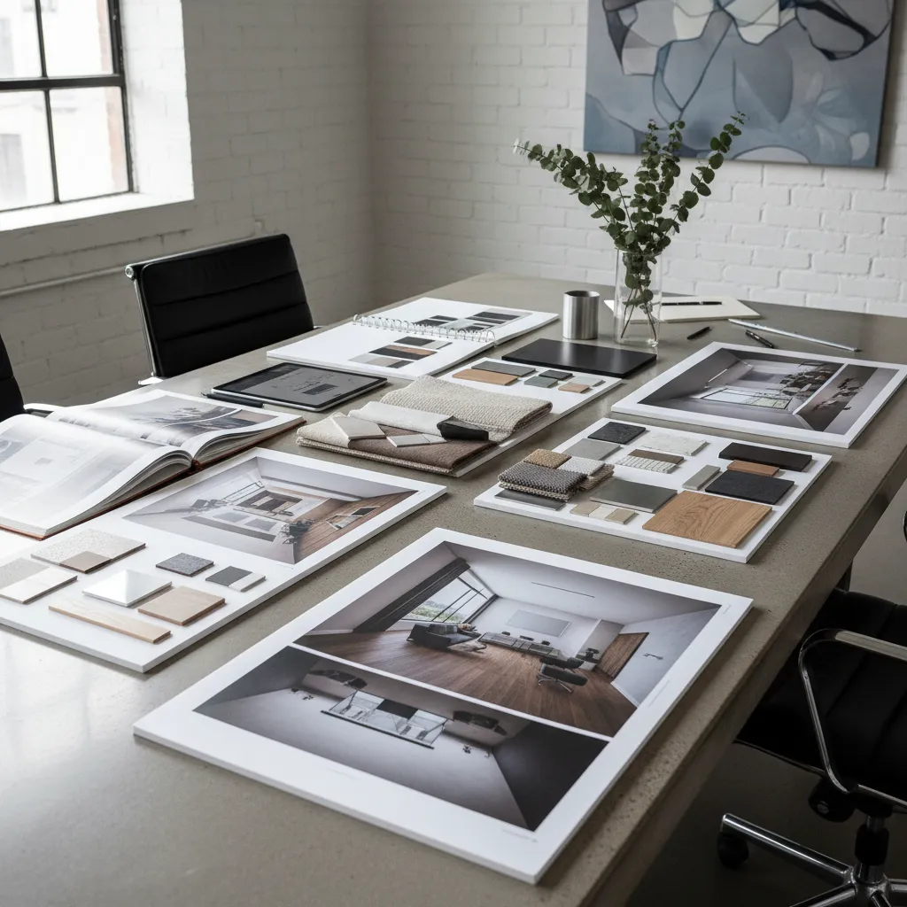 Portafolio de proyectos de diseño de interiores presentado en una mesa