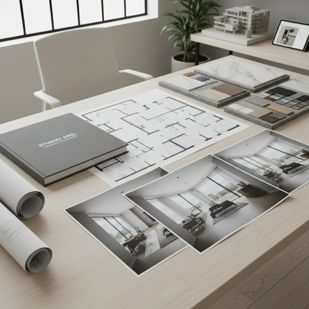 White desk with floor plans plus color samples and photos of a modern interior design.