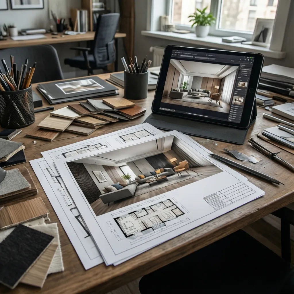 Wooden desk with room layout drawings material samples and tablet showing a living room design