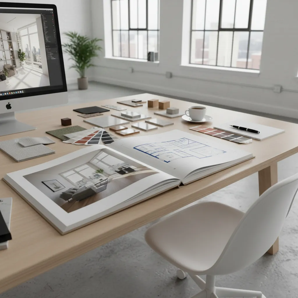Portafolio de proyectos de diseño de interiores sobre mesa