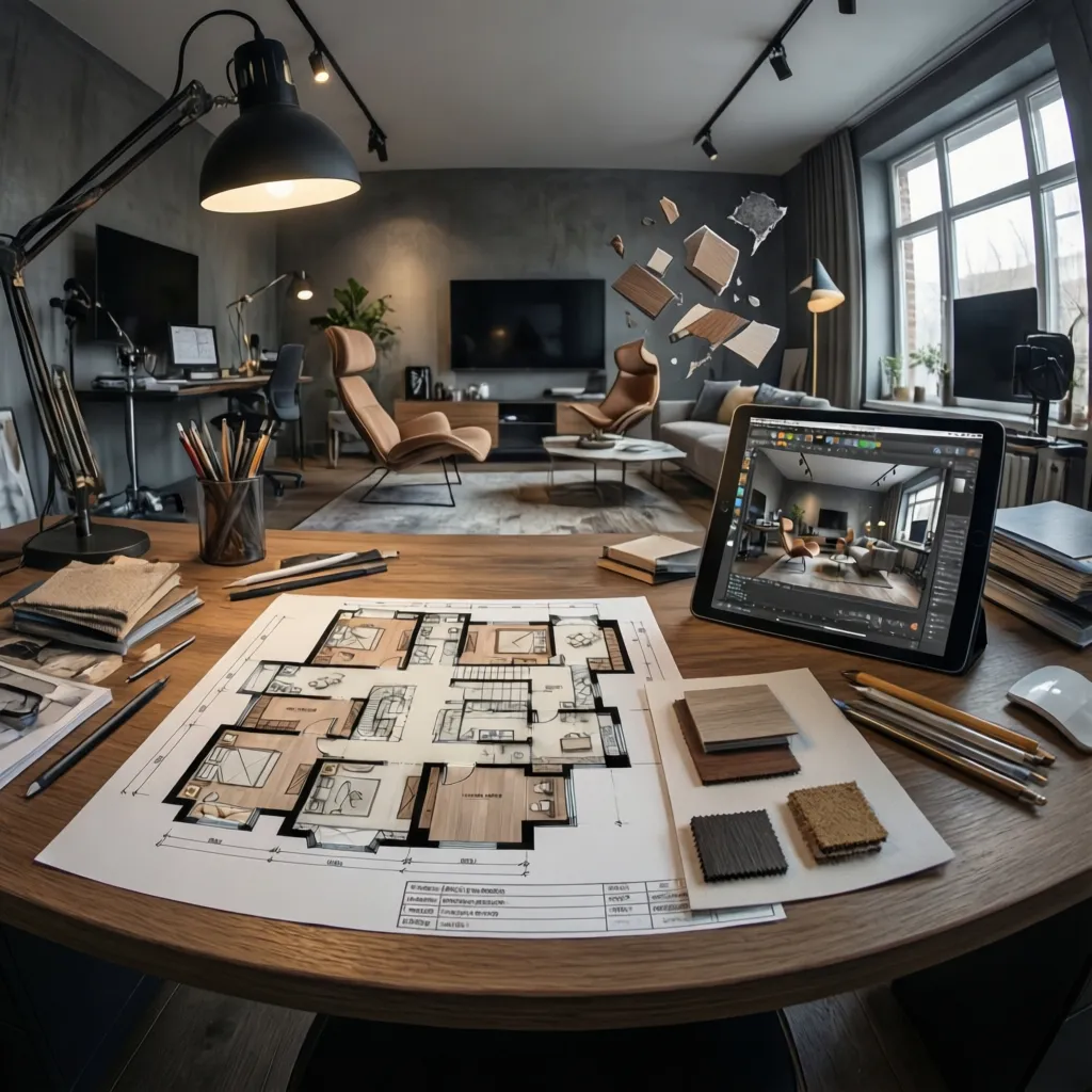 Portafolio de diseño de interiores con planos, renders y muestras de materiales