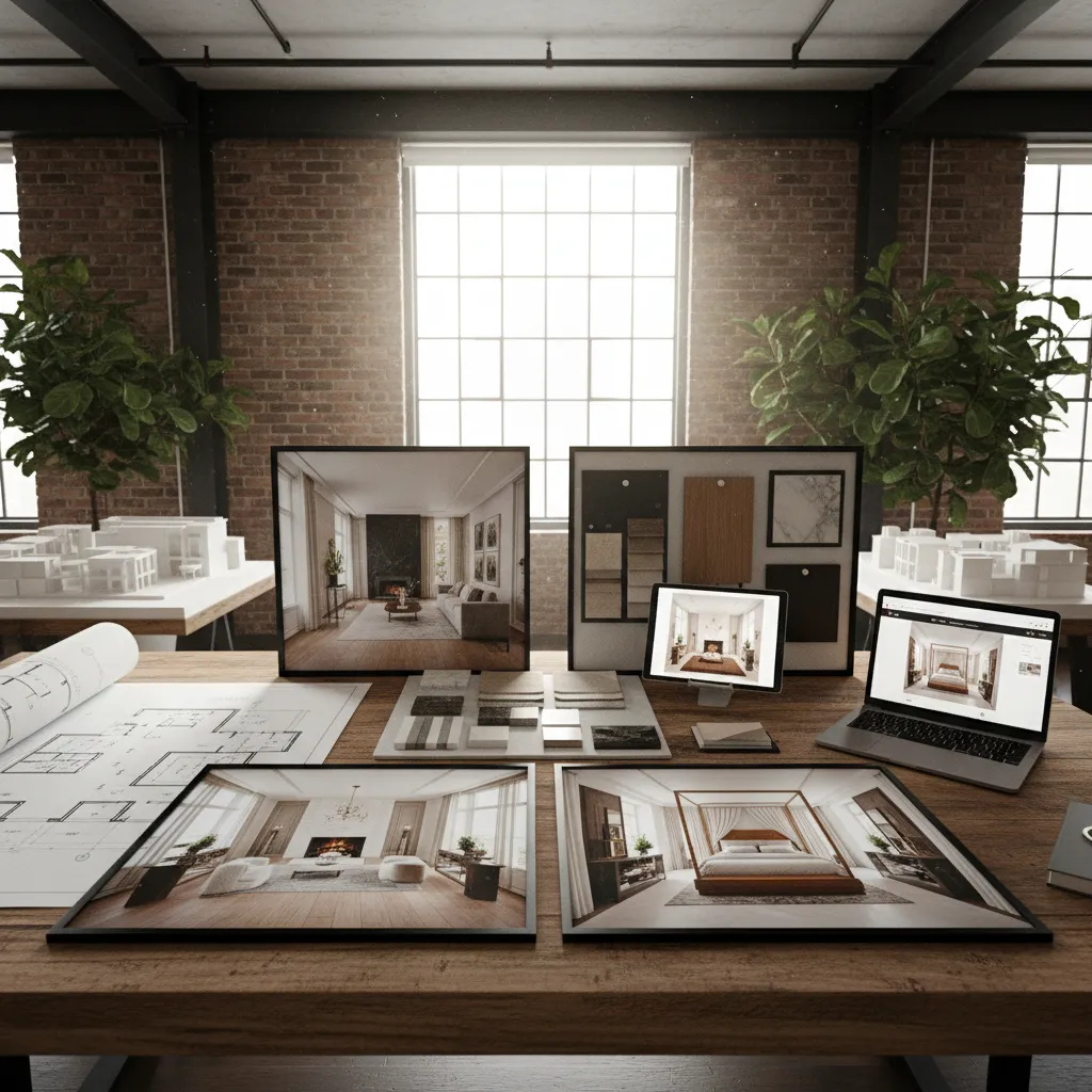 Portafolio de proyectos de diseño de interiores con renders y planos