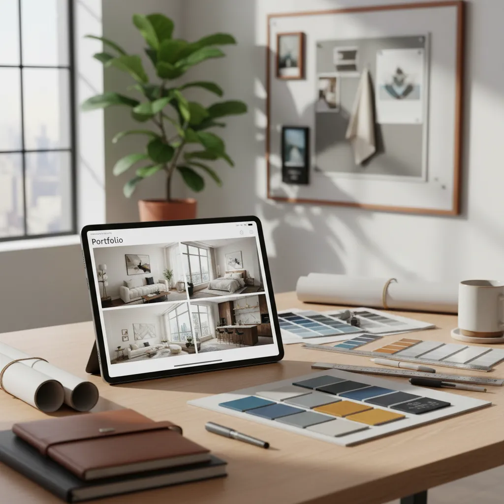 Portafolio de proyectos de diseño de interiores mostrado en una tablet