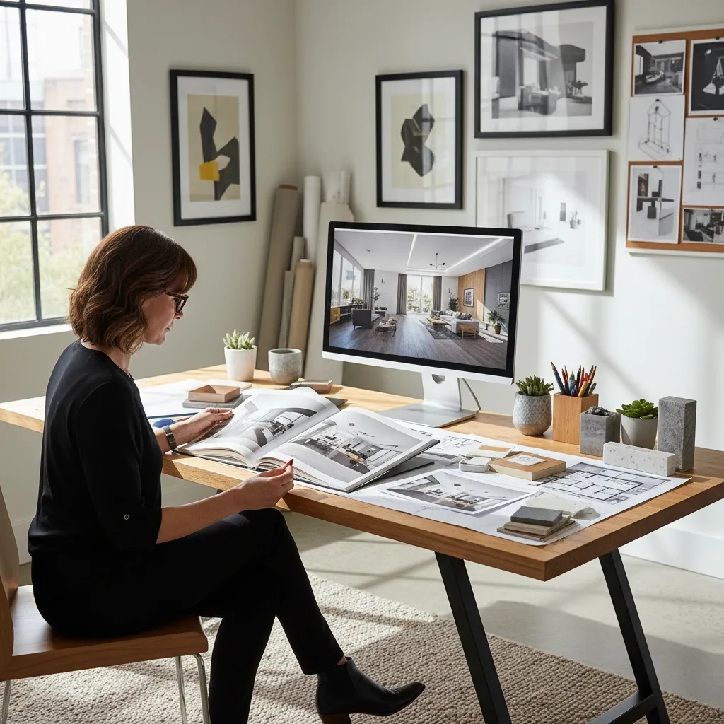 Diseñador revisando portafolio de proyectos de interiorismo