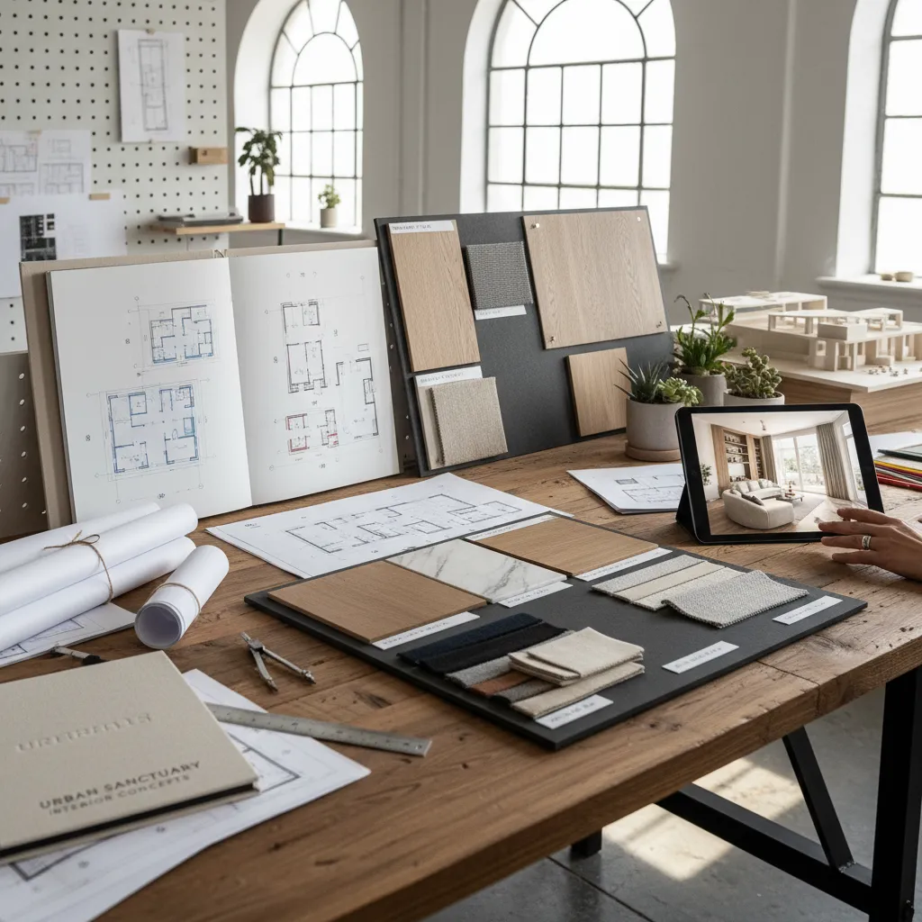 Wooden table with floor plans material samples and tablet showing interior design drawing of room