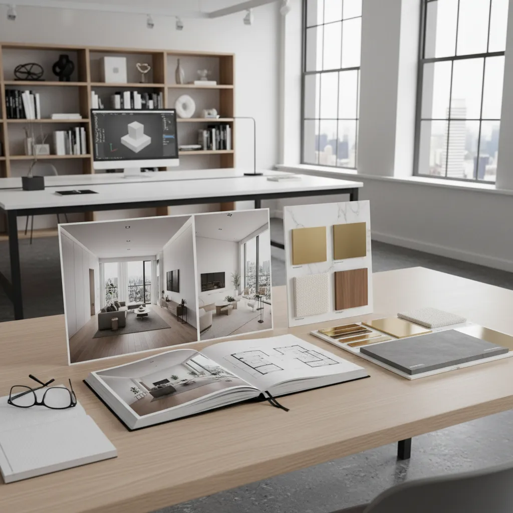 Interior design portfolio book on a wooden desk with material samples and computer showing 3D models