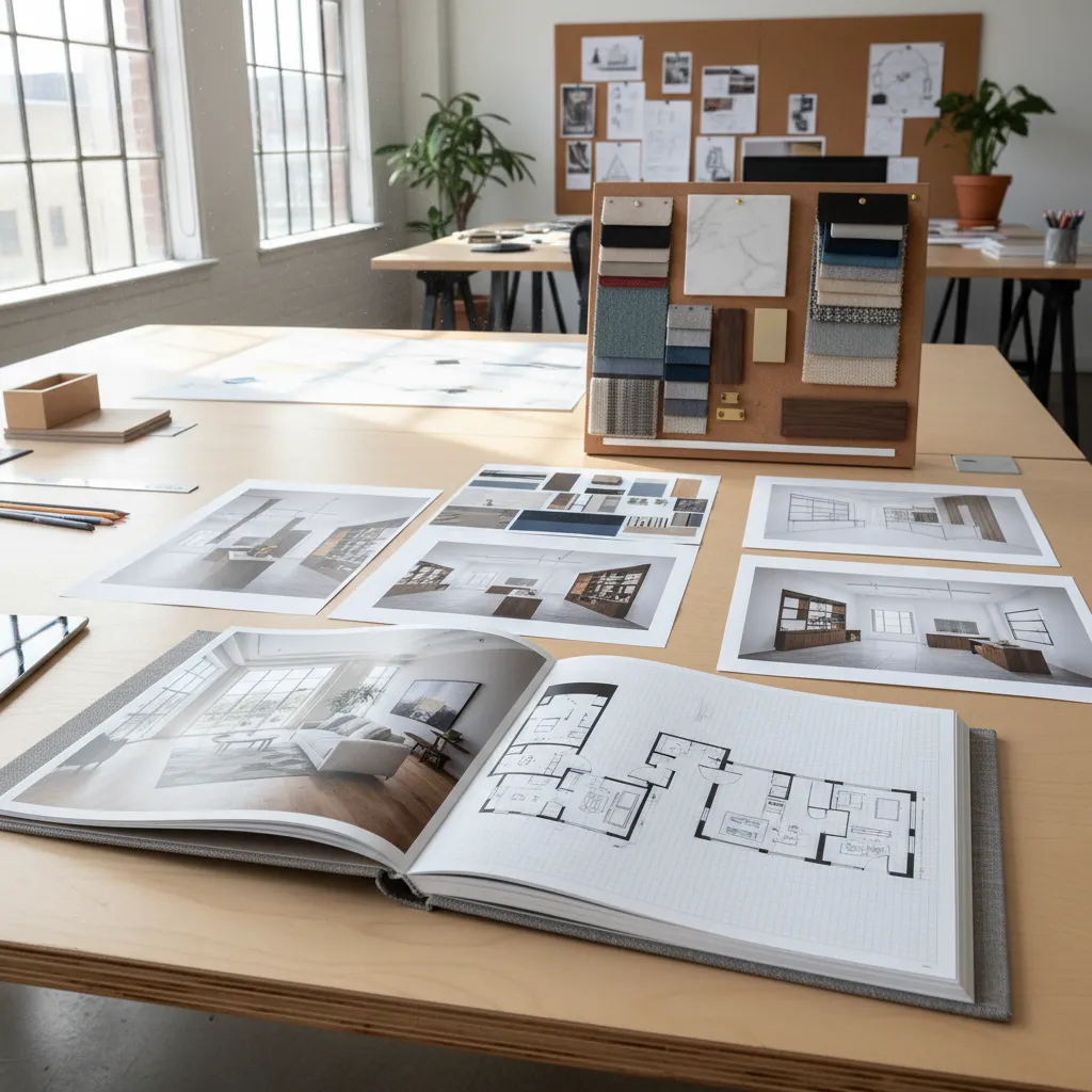 Interior design portfolio book showing a floor plan and room drawing on wooden work desk
