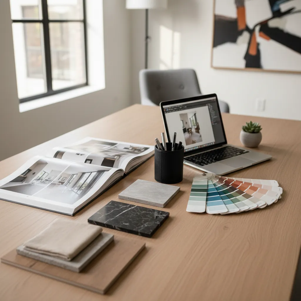 Portafolio de proyectos de diseño de interiores presentado en mesa de trabajo