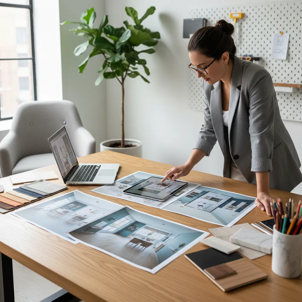 Interior designer reviewing interior design drawings on desk with tablet laptop and various fabric samples