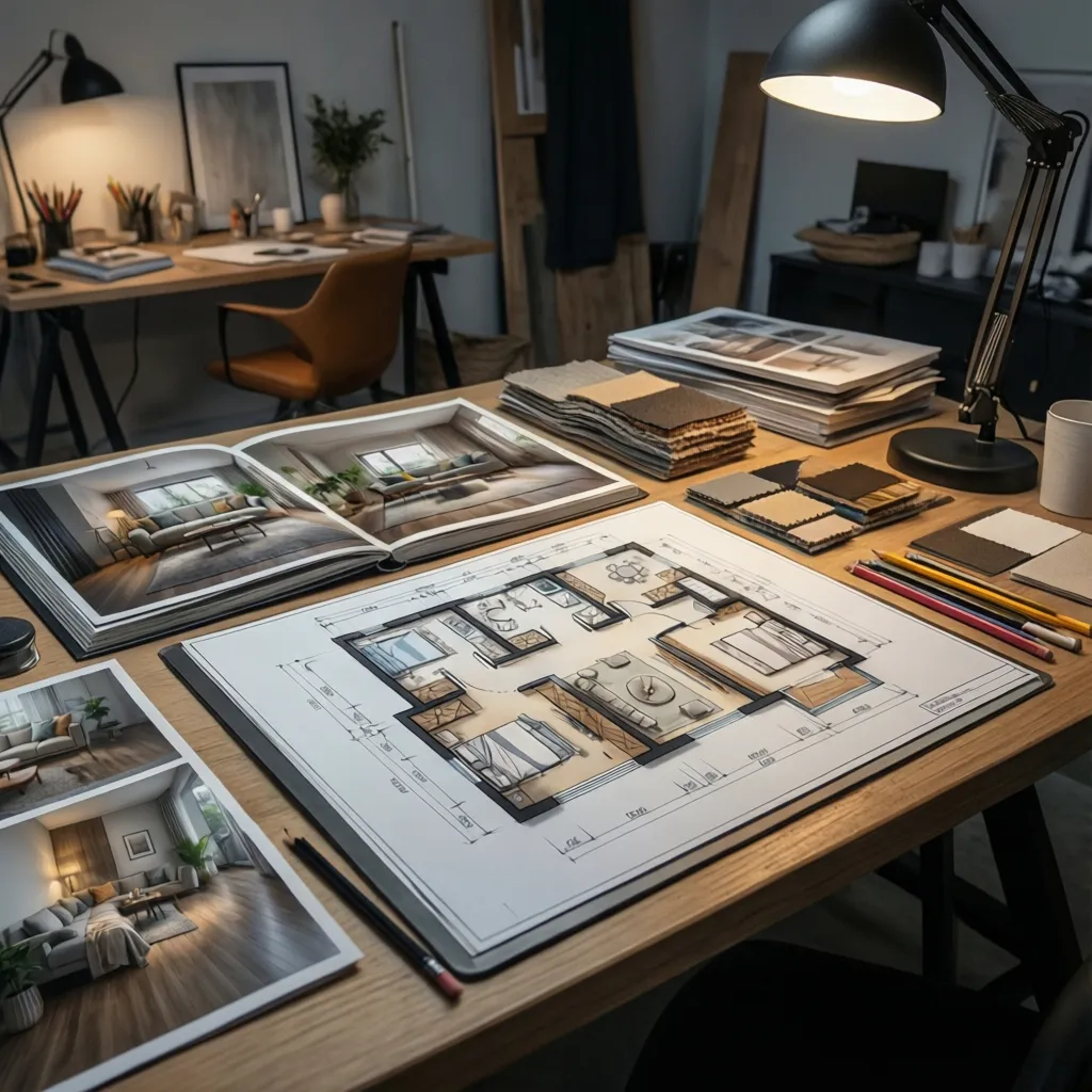Interior design drawing of floor plan on wooden desk with fabric samples and desk lamp