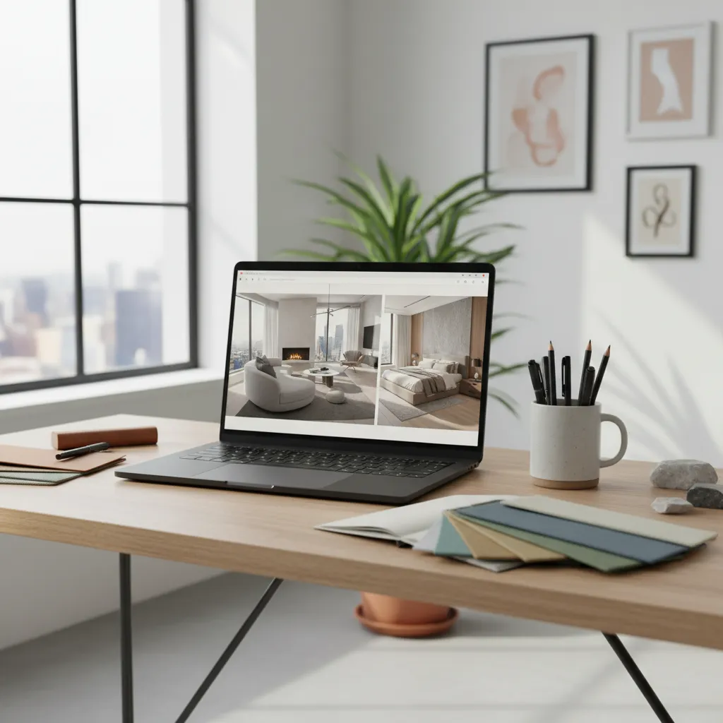 portafolio digital de proyectos de diseño de interiores en una laptop