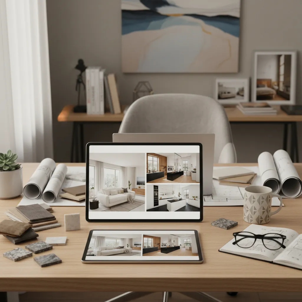 Interior design portfolio on tablets with material samples and paper floor plans on wooden desk