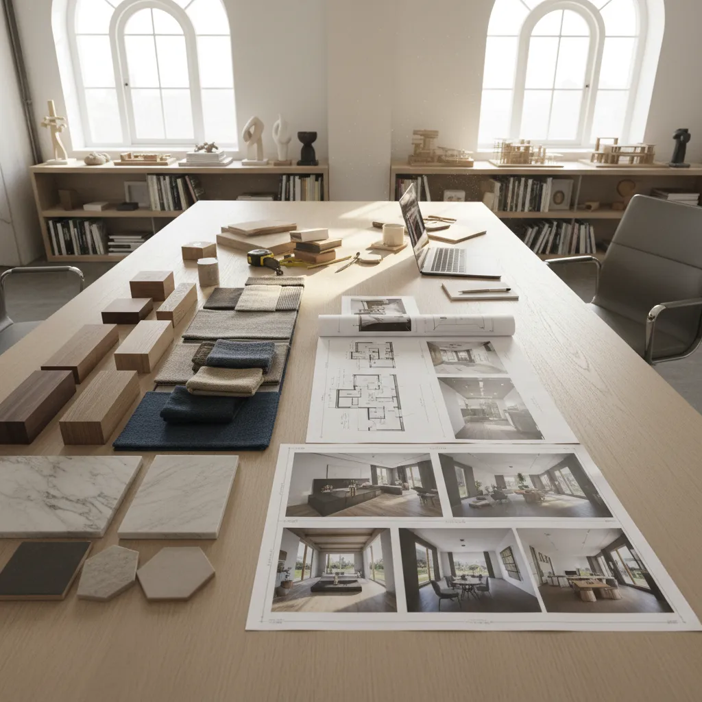 Coohom interior design mood board on wooden desk with fabric samples floor plans and marble
