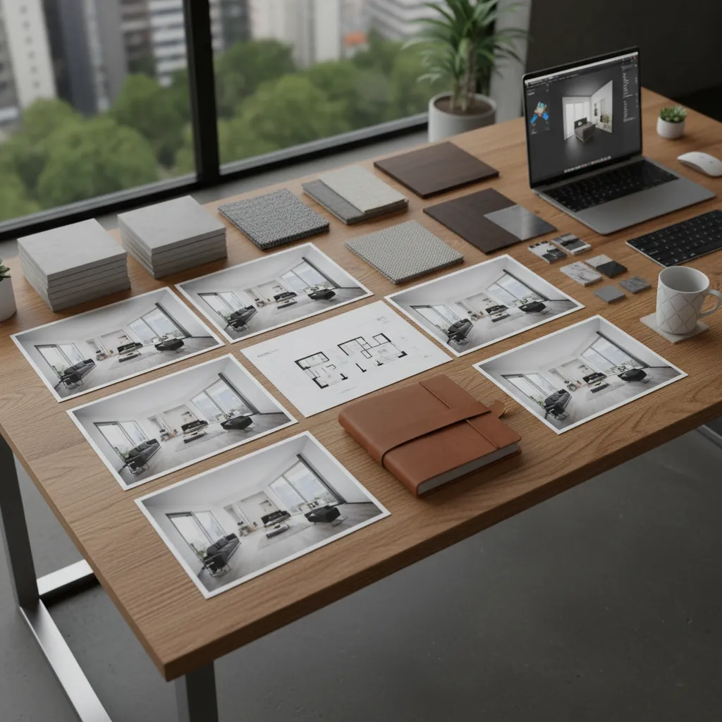 Portafolio de proyectos de diseño de interiores sobre una mesa