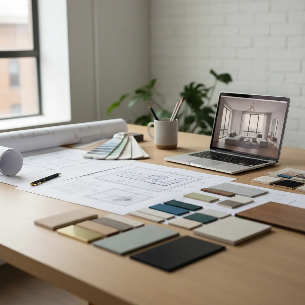 Portafolio de proyectos de diseño de interiores sobre una mesa