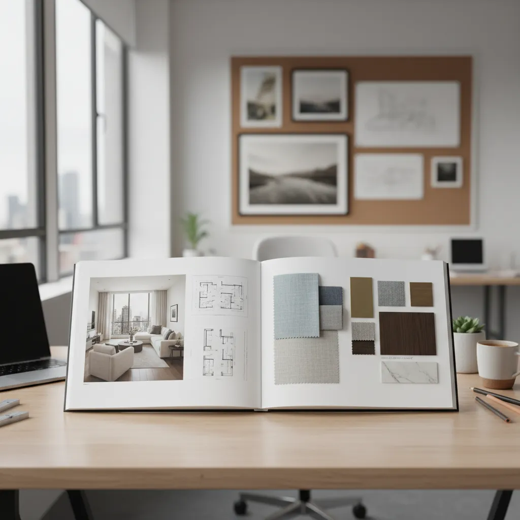 Open interior design portfolio showing room photo floor plan and fabric material samples on desk